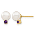 14K 7-7.5mm White Round Freshwater Cultured Pearl Amethyst Post Earrings