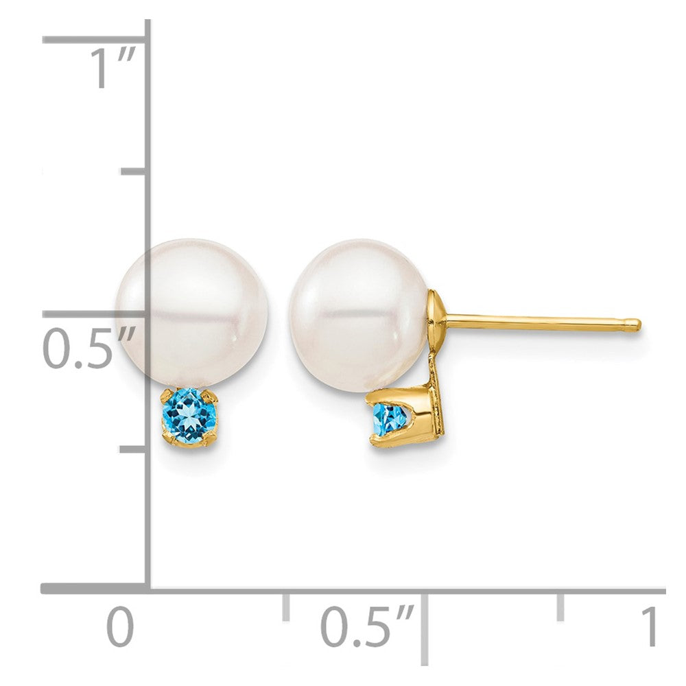 14K 7-7.5mm White Round FW Cultured Pearl Swiss Blue Topaz Post Earrings