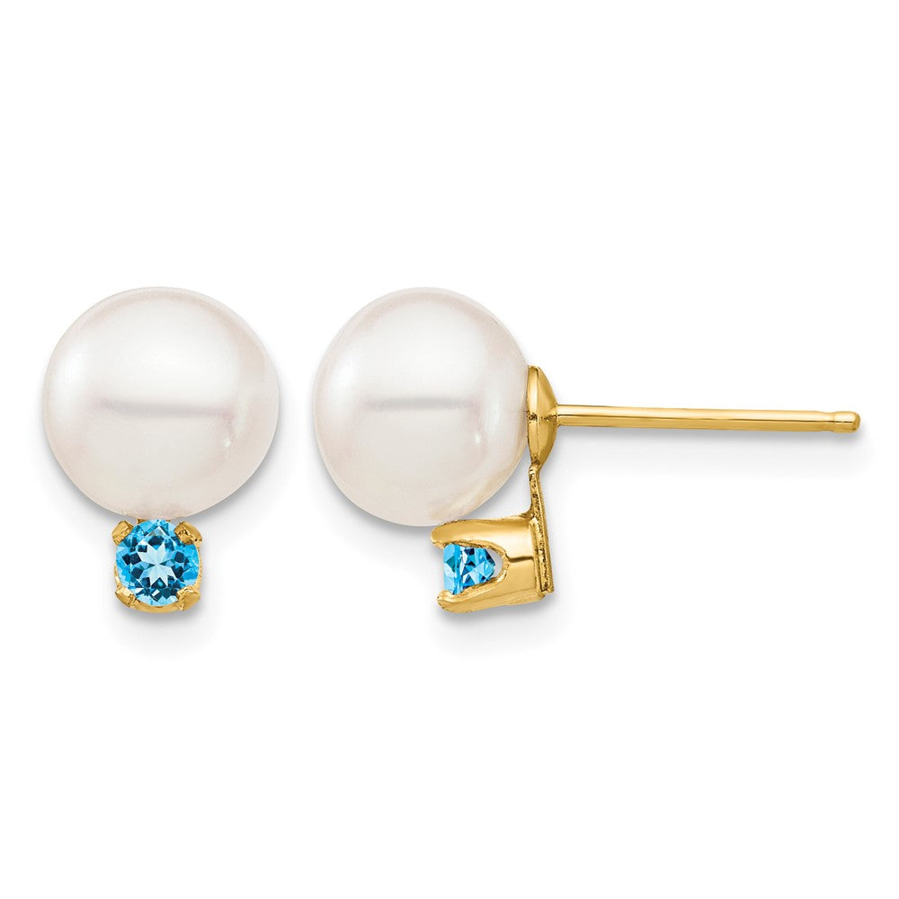 14K 7-7.5mm White Round FW Cultured Pearl Swiss Blue Topaz Post Earrings