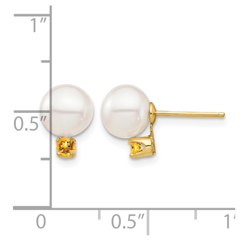 14K 7-7.5mm White Round Freshwater Cultured Pearl Citrine Post Earrings