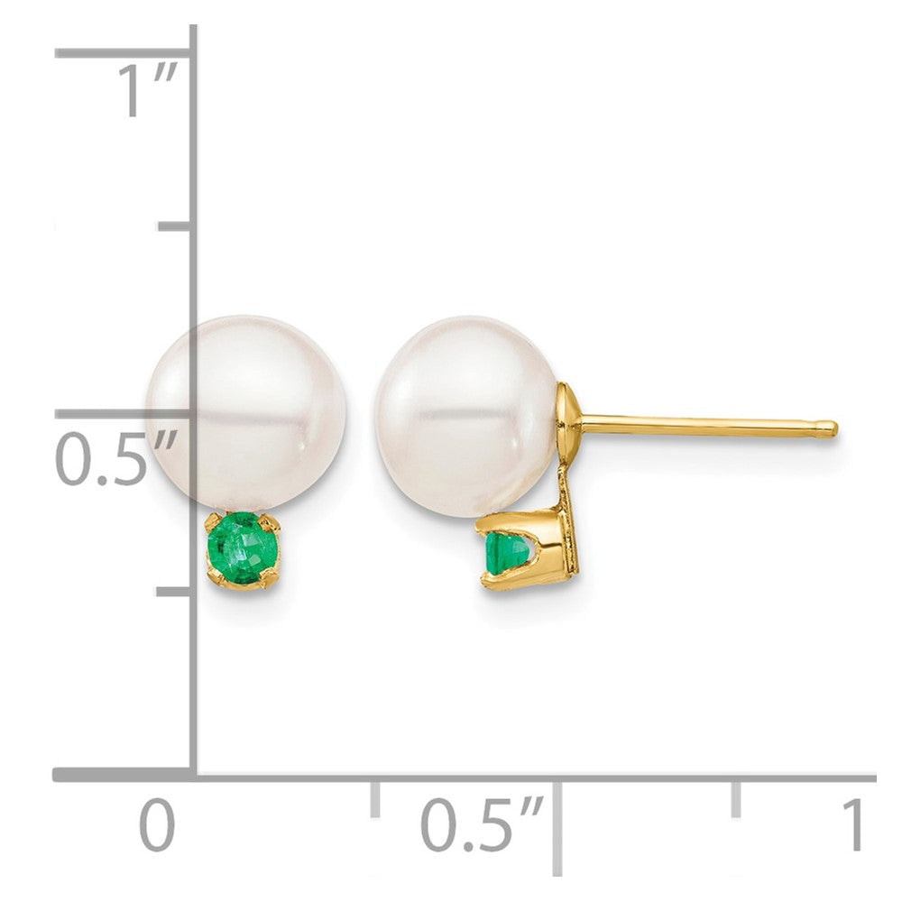 14K 7-7.5mm White Round Freshwater Cultured Pearl Emerald Post Earrings