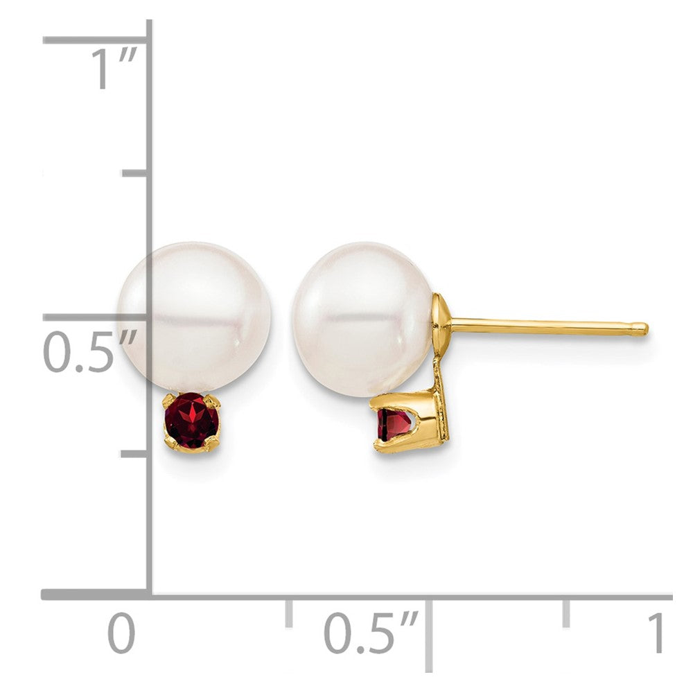 14K 7-7.5mm White Round Freshwater Cultured Pearl Garnet Post Earrings