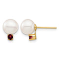 14K 7-7.5mm White Round Freshwater Cultured Pearl Garnet Post Earrings