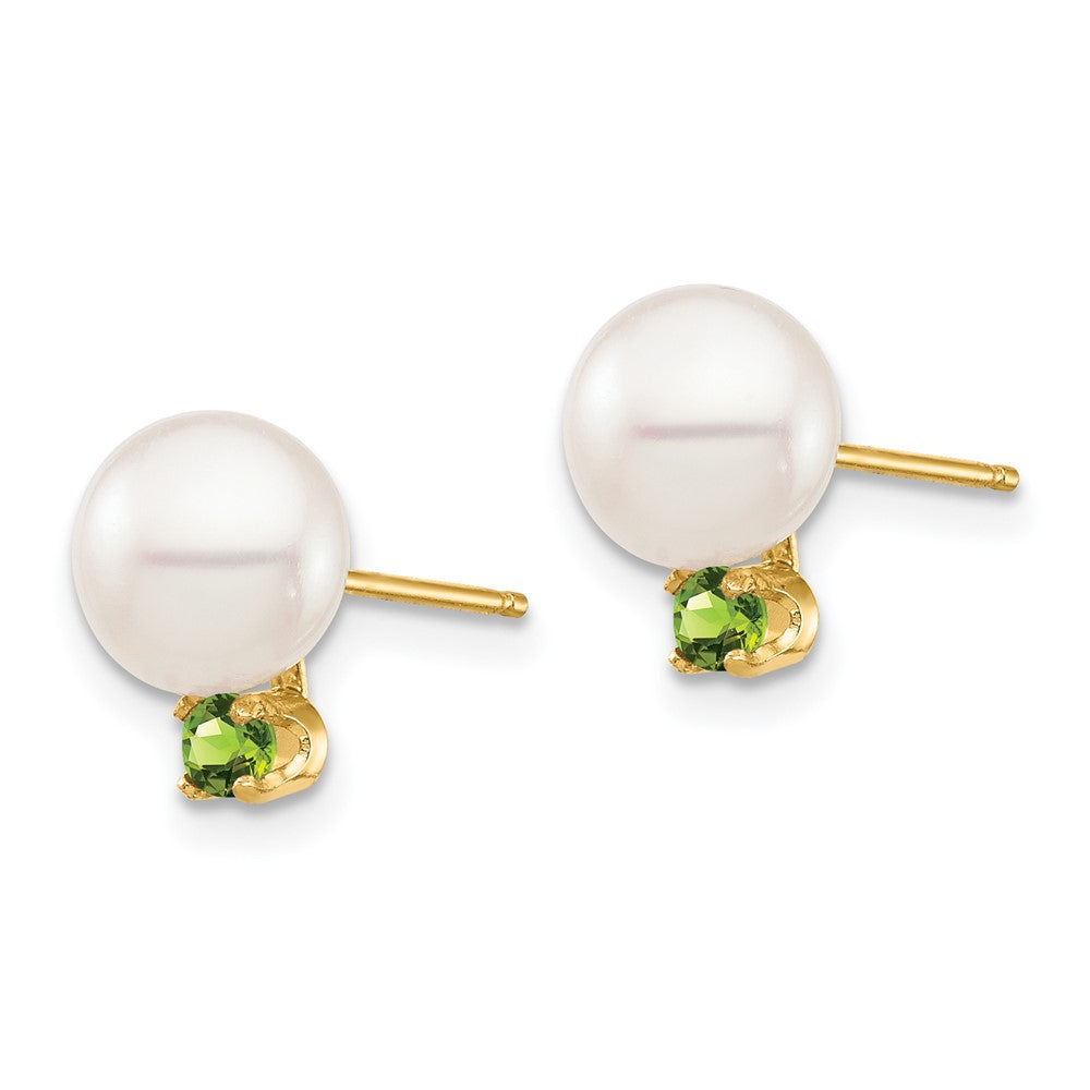 14K 7-7.5mm White Round Freshwater Cultured Pearl Peridot Post Earrings