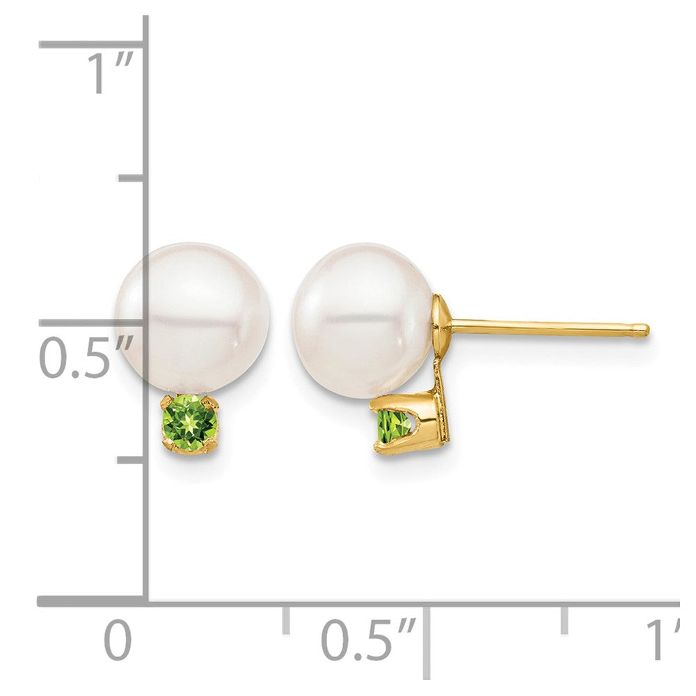 14K 7-7.5mm White Round Freshwater Cultured Pearl Peridot Post Earrings