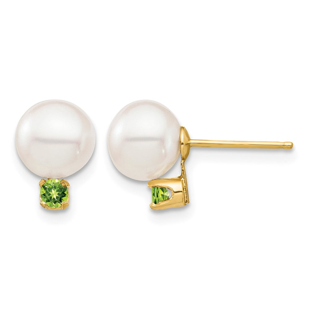 14K 7-7.5mm White Round Freshwater Cultured Pearl Peridot Post Earrings