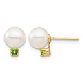 14K 7-7.5mm White Round Freshwater Cultured Pearl Peridot Post Earrings