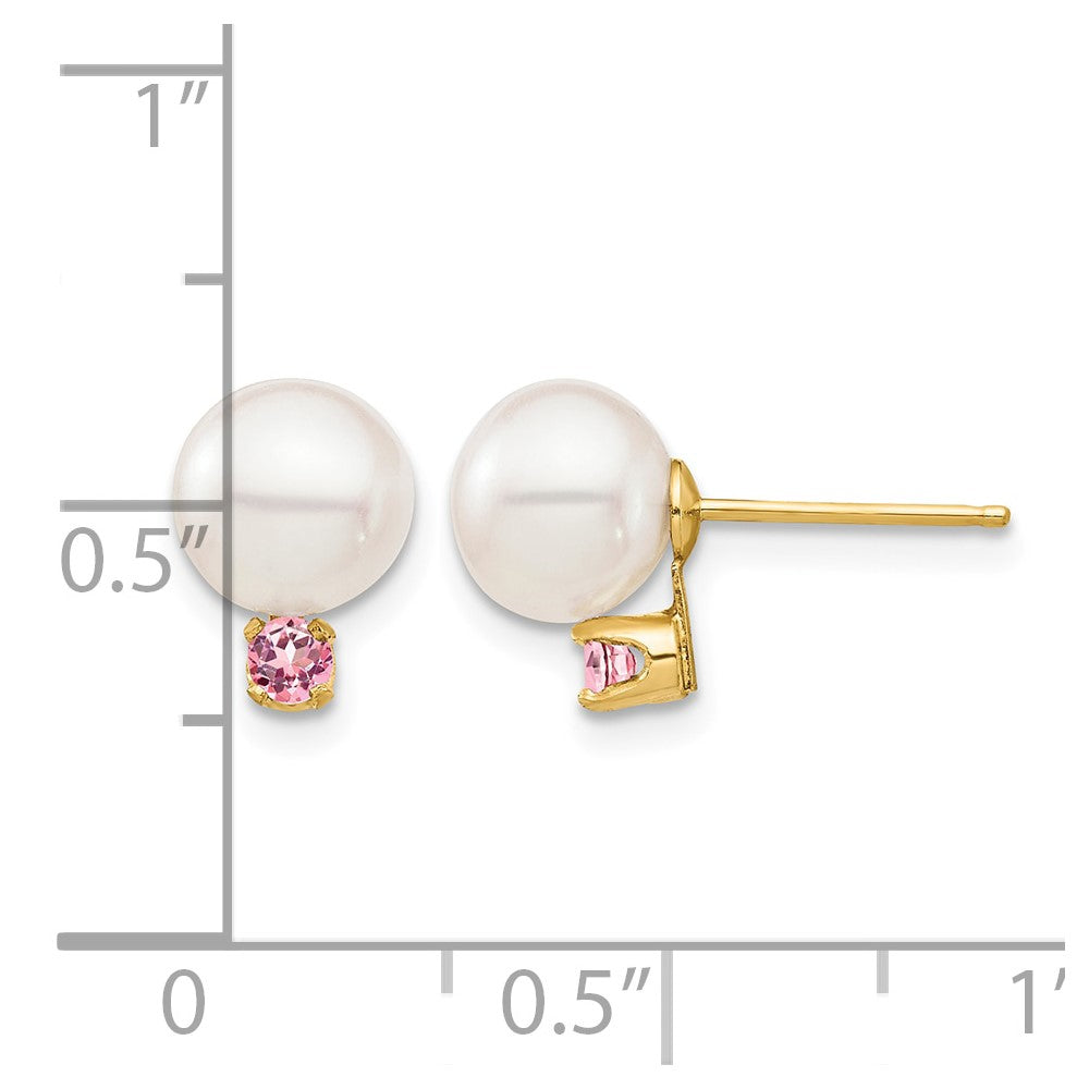 14K 7-7.5mm White Round Freshwater Cultured Pearl Pink Topaz Post Earrings