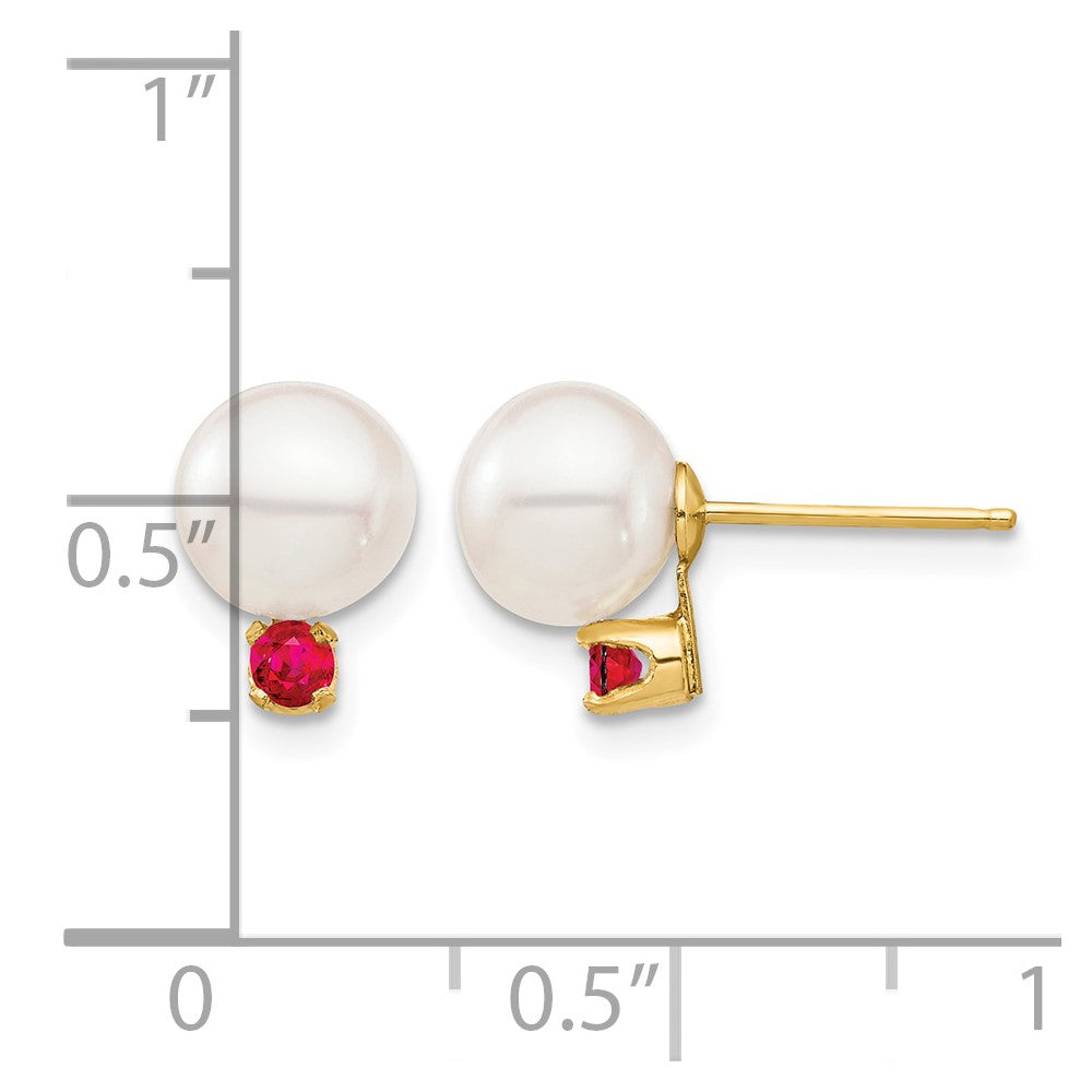 14K 7-7.5mm White Round Freshwater Cultured Pearl Ruby Post Earrings