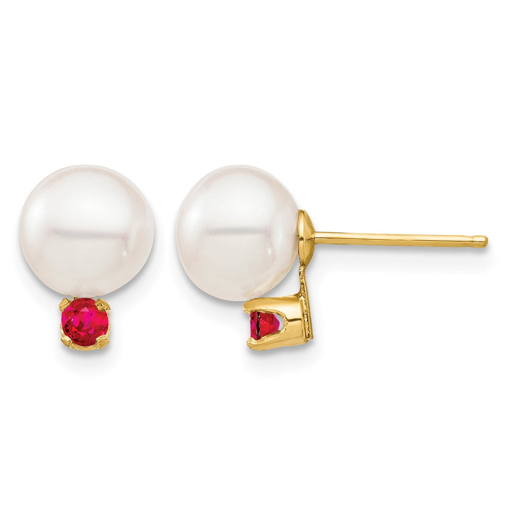 14K 7-7.5mm White Round Freshwater Cultured Pearl Ruby Post Earrings