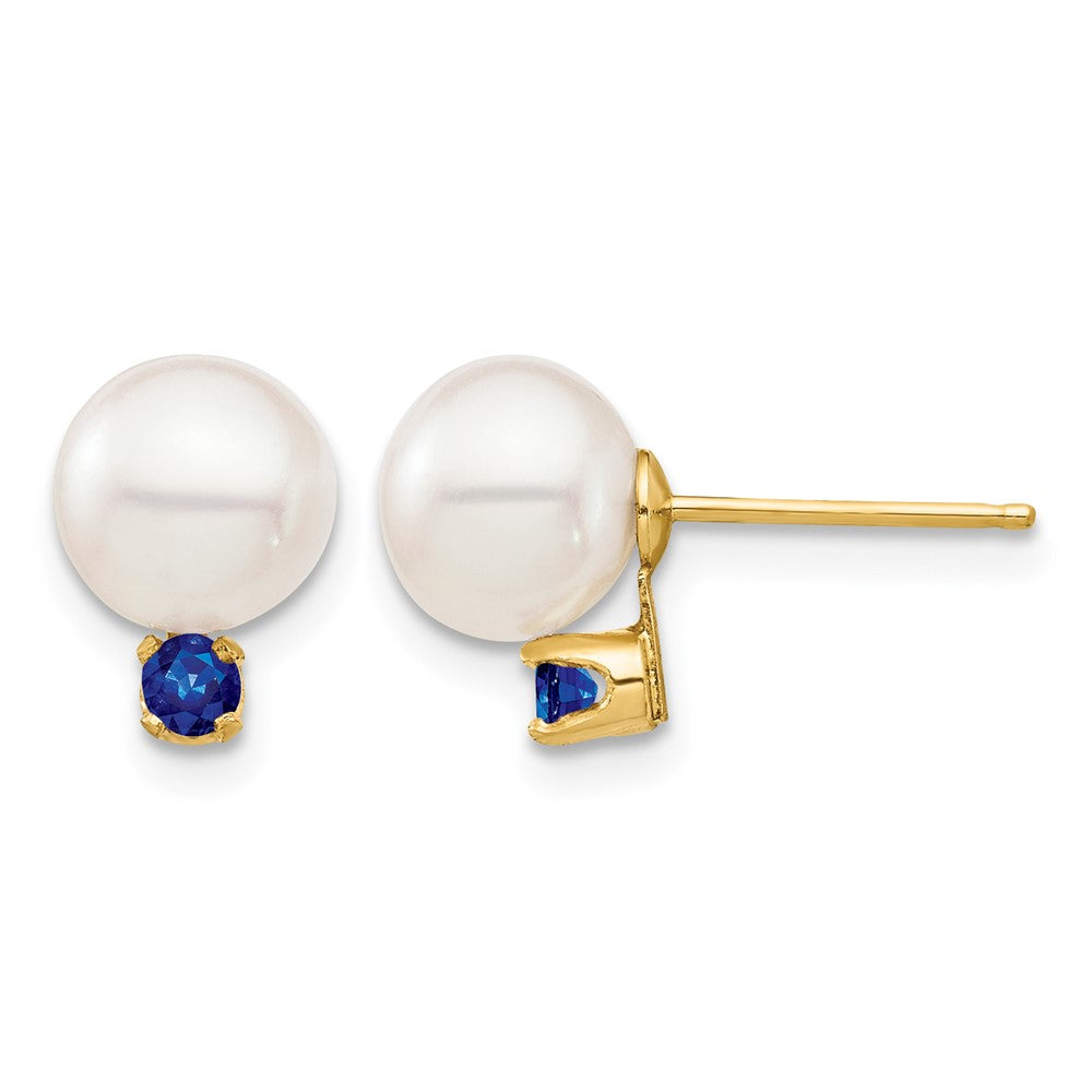 14K 7-7.5mm White Round Freshwater Cultured Pearl Sapphire Post Earrings