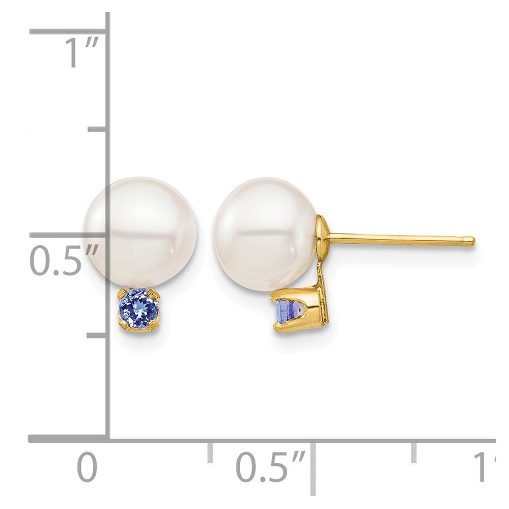 14K 7-7.5mm White Round Freshwater Cultured Pearl Tanzanite Post Earrings