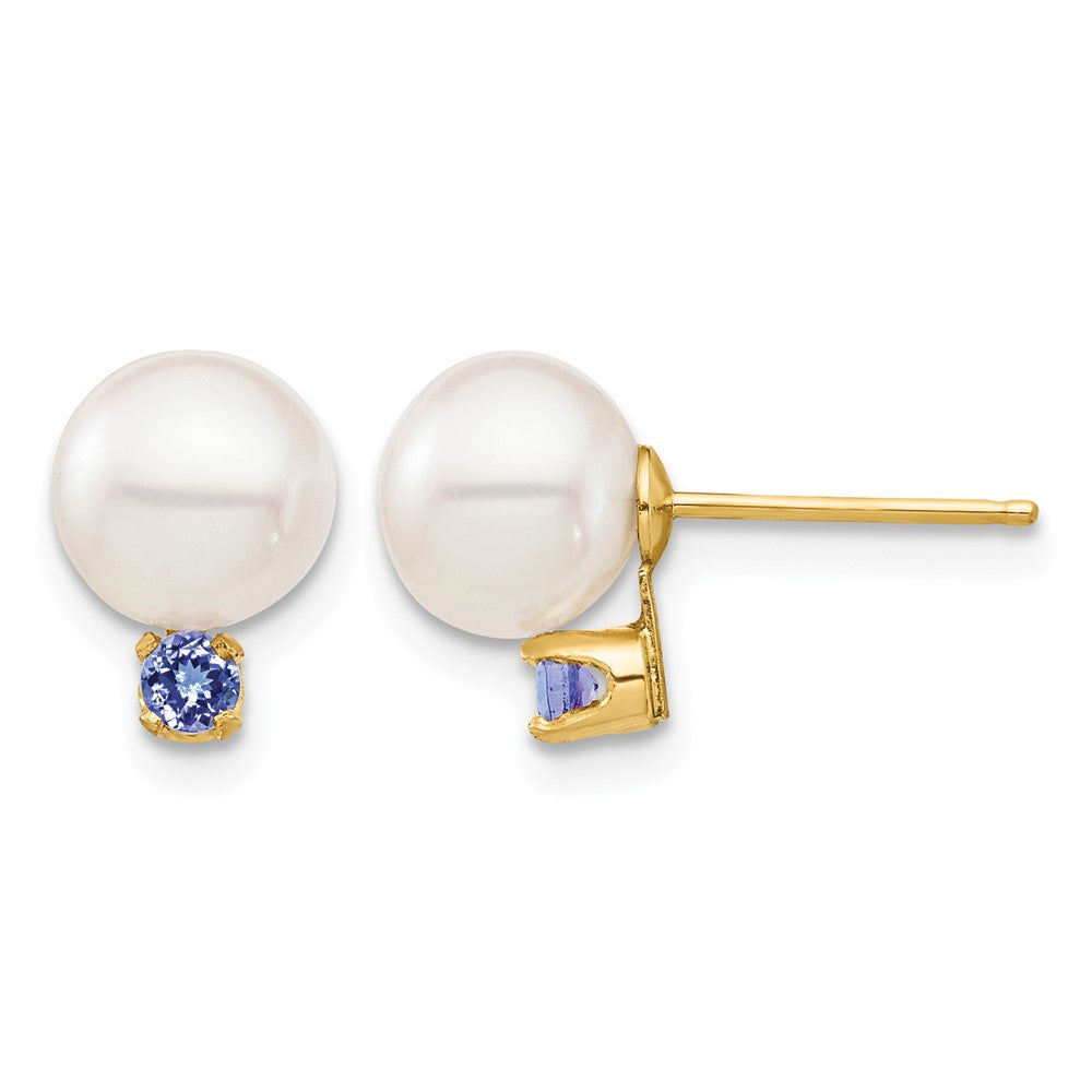 14K 7-7.5mm White Round Freshwater Cultured Pearl Tanzanite Post Earrings