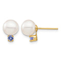 14K 7-7.5mm White Round Freshwater Cultured Pearl Tanzanite Post Earrings