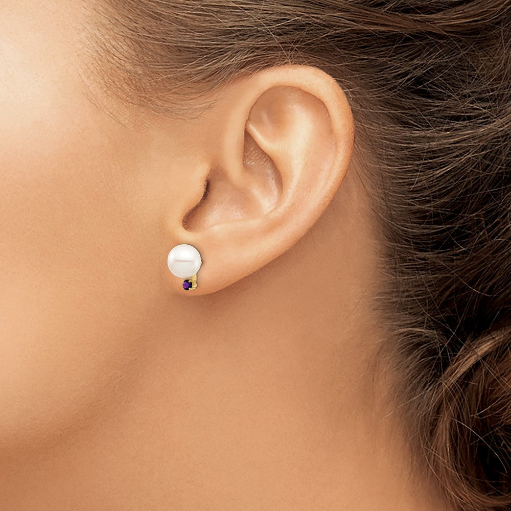 14K 8-8.5mm White Round Freshwater Cultured Pearl Amethyst Post Earrings