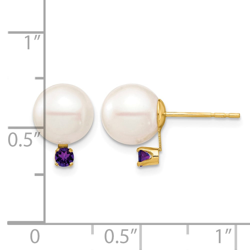 14K 8-8.5mm White Round Freshwater Cultured Pearl Amethyst Post Earrings