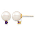 14K 8-8.5mm White Round Freshwater Cultured Pearl Amethyst Post Earrings