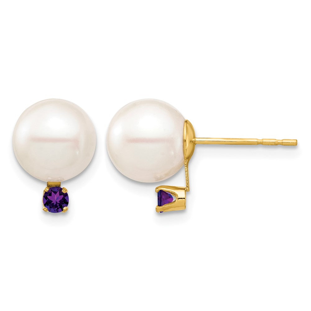 14K 8-8.5mm White Round Freshwater Cultured Pearl Amethyst Post Earrings