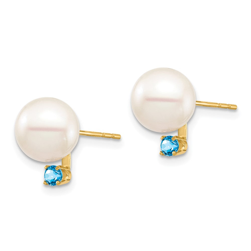 14K 8-8.5mm White Round FW Cultured Pearl Swiss Blue Topaz Post Earrings