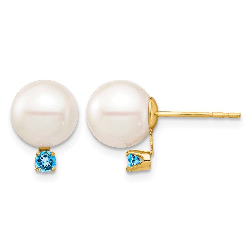 14K 8-8.5mm White Round FW Cultured Pearl Swiss Blue Topaz Post Earrings