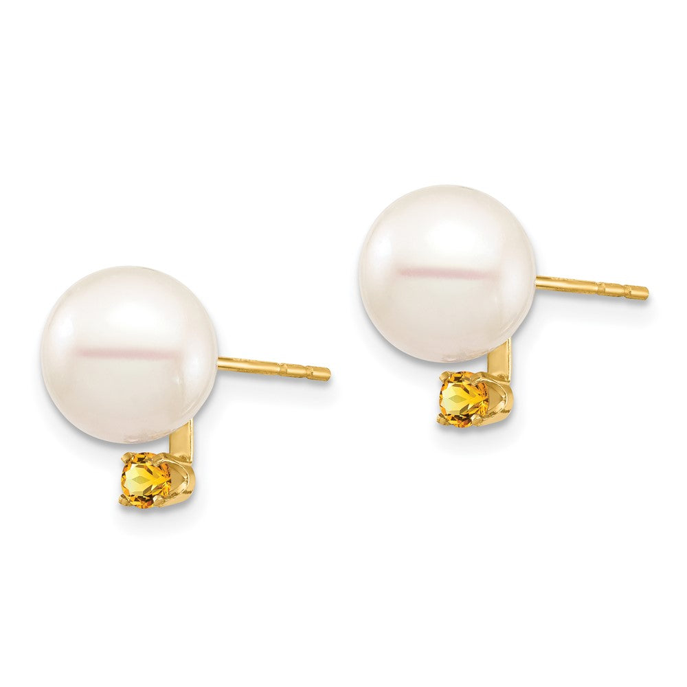 14K 8-8.5mm White Round Freshwater Cultured Pearl Citrine Post Earrings