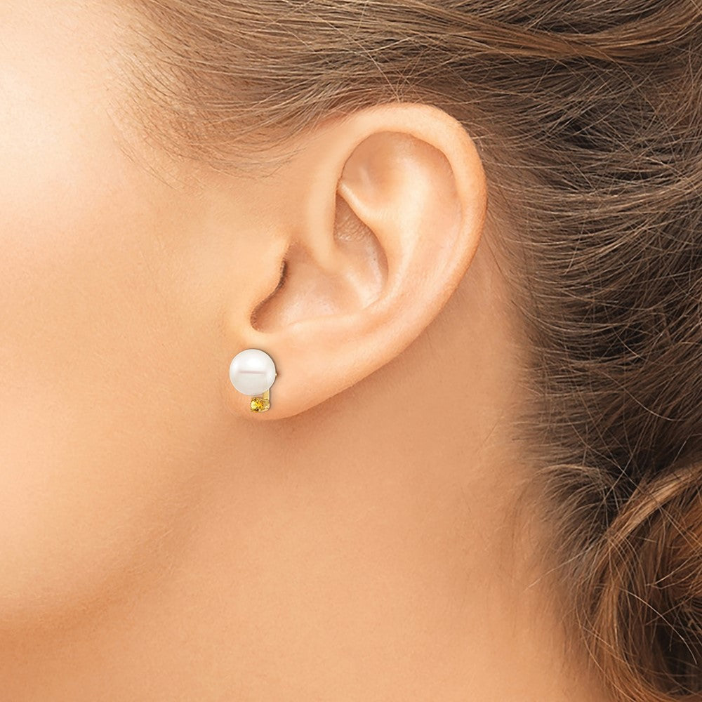 14K 8-8.5mm White Round Freshwater Cultured Pearl Citrine Post Earrings