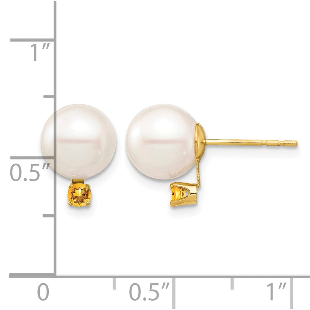 14K 8-8.5mm White Round Freshwater Cultured Pearl Citrine Post Earrings