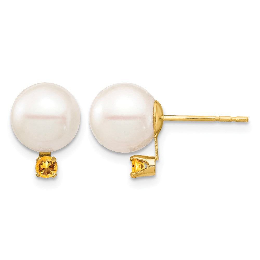 14K 8-8.5mm White Round Freshwater Cultured Pearl Citrine Post Earrings