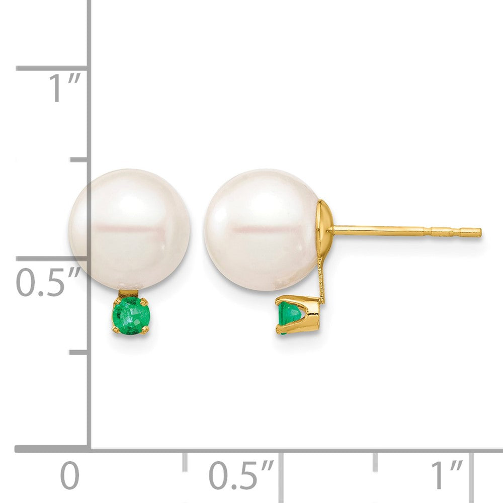 14K 8-8.5mm White Round Freshwater Cultured Pearl Emerald Post Earrings