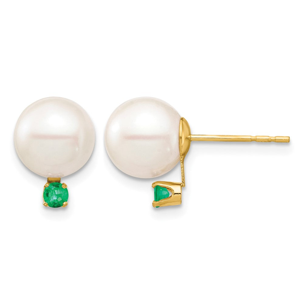 14K 8-8.5mm White Round Freshwater Cultured Pearl Emerald Post Earrings