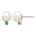 14K 8-8.5mm White Round Freshwater Cultured Pearl Emerald Post Earrings