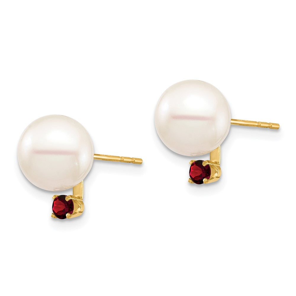 14K 8-8.5mm White Round Freshwater Cultured Pearl Garnet Post Earrings