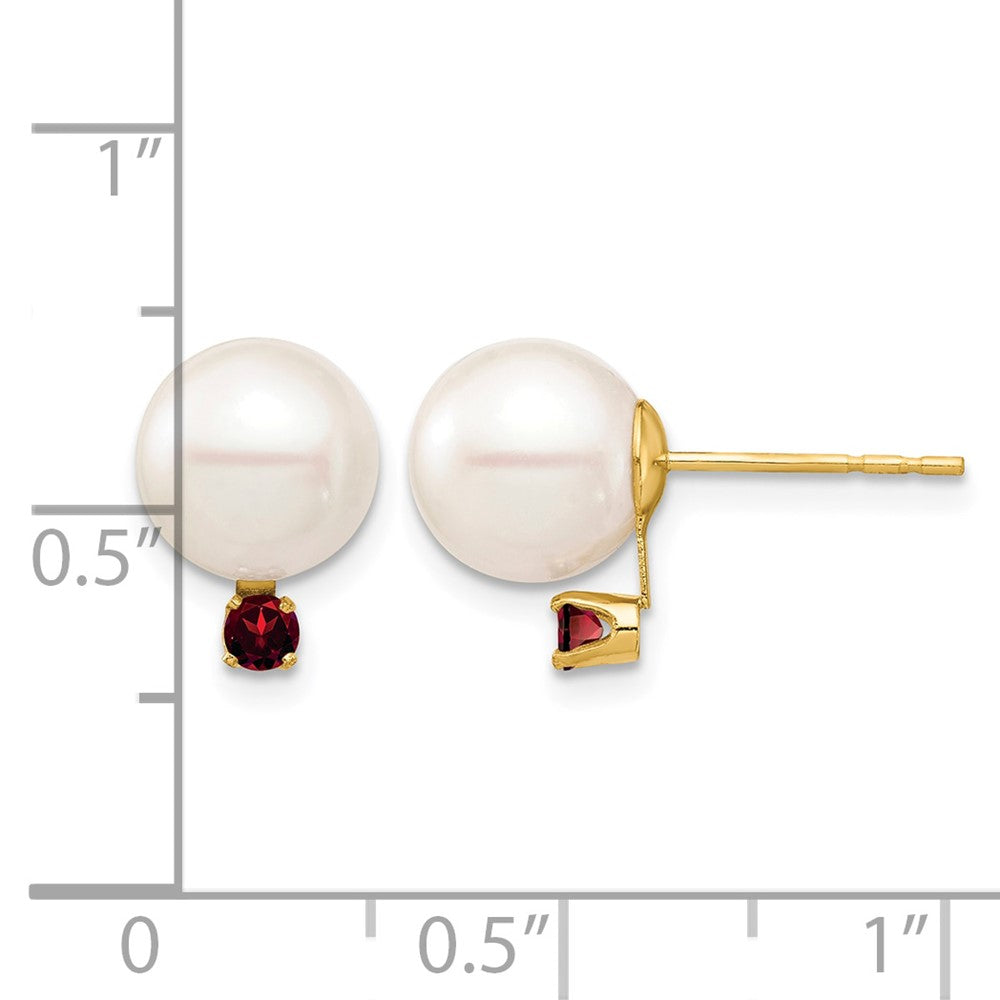 14K 8-8.5mm White Round Freshwater Cultured Pearl Garnet Post Earrings