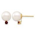 14K 8-8.5mm White Round Freshwater Cultured Pearl Garnet Post Earrings