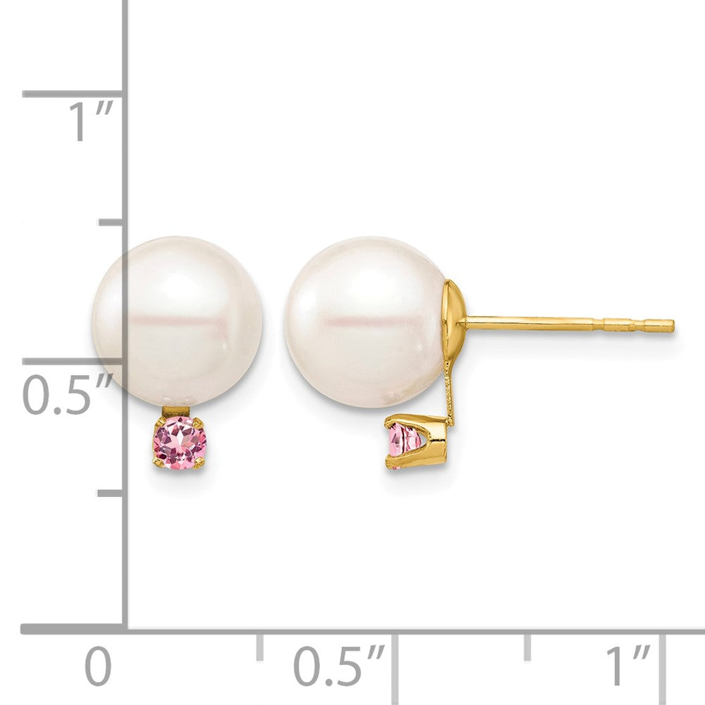 14K 8-8.5mm White Round Freshwater Cultured Pearl Pink Topaz Post Earrings
