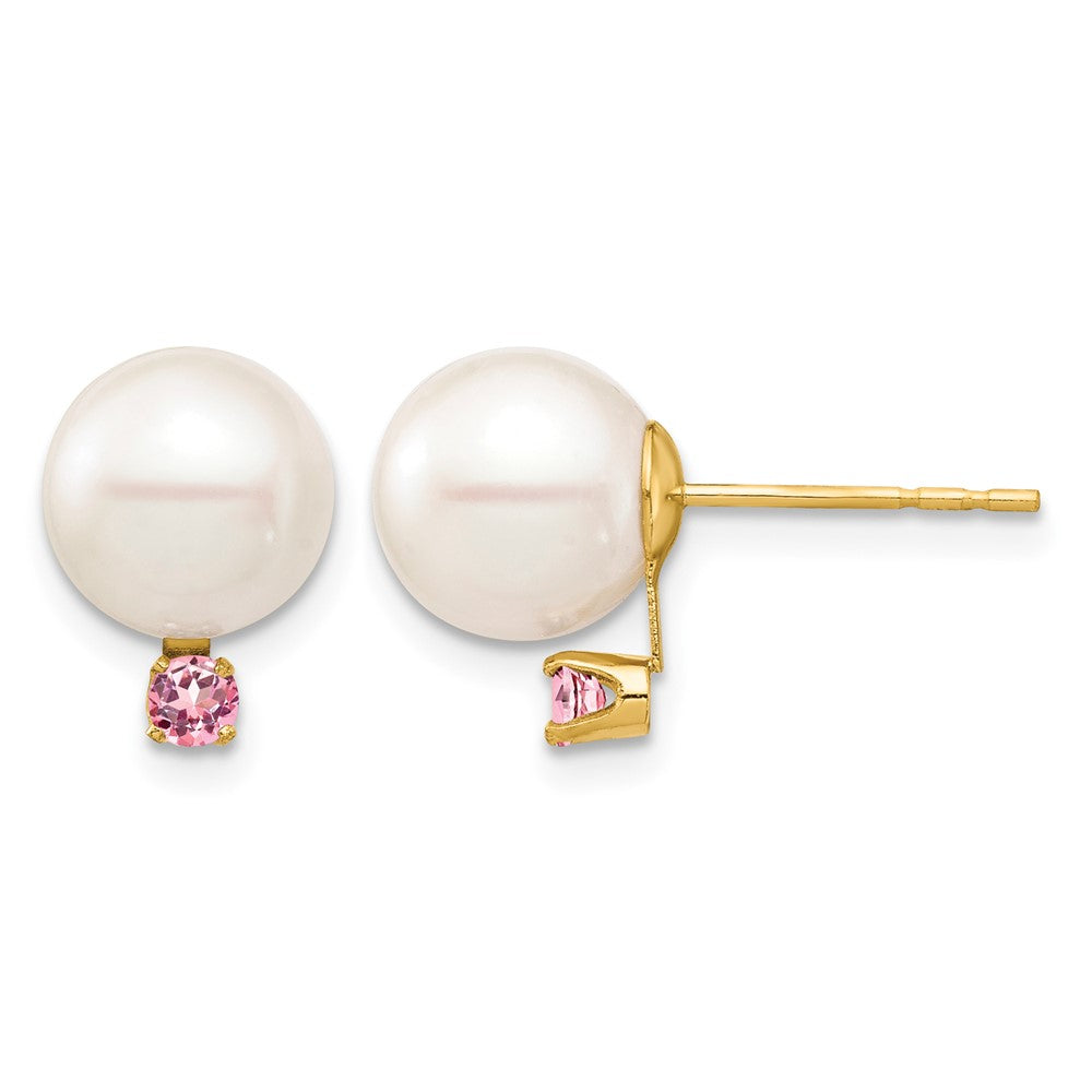 14K 8-8.5mm White Round Freshwater Cultured Pearl Pink Topaz Post Earrings
