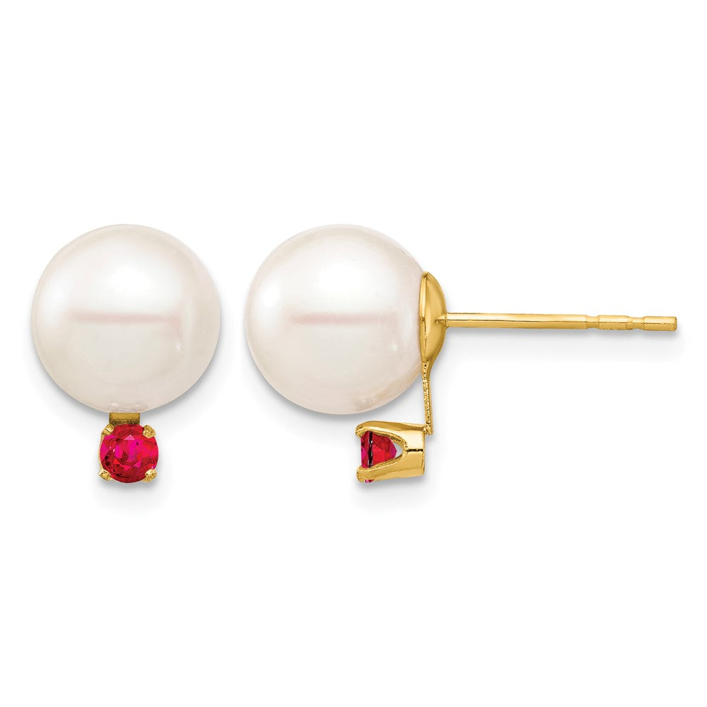 14K 8-8.5mm White Round Freshwater Cultured Pearl Ruby Post Earrings