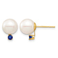 14K 8-8.5mm White Round Freshwater Cultured Pearl Sapphire Post Earrings