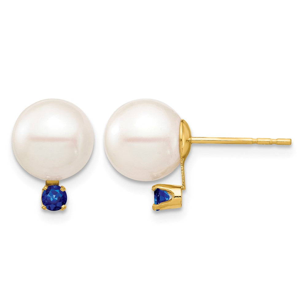 14K 8-8.5mm White Round Freshwater Cultured Pearl Sapphire Post Earrings