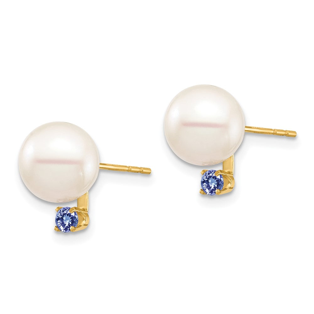 14K 8-8.5mm White Round Freshwater Cultured Pearl Tanzanite Post Earrings