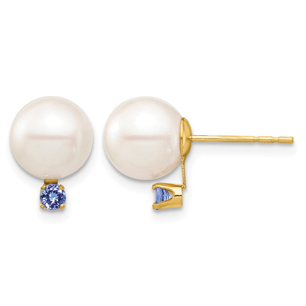 14K 8-8.5mm White Round Freshwater Cultured Pearl Tanzanite Post Earrings