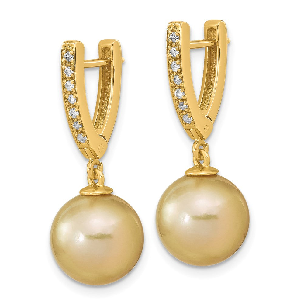 14K 10-11mm Round Golden Saltwater South Sea Pearl .105ct. Dia. Dangle Earr