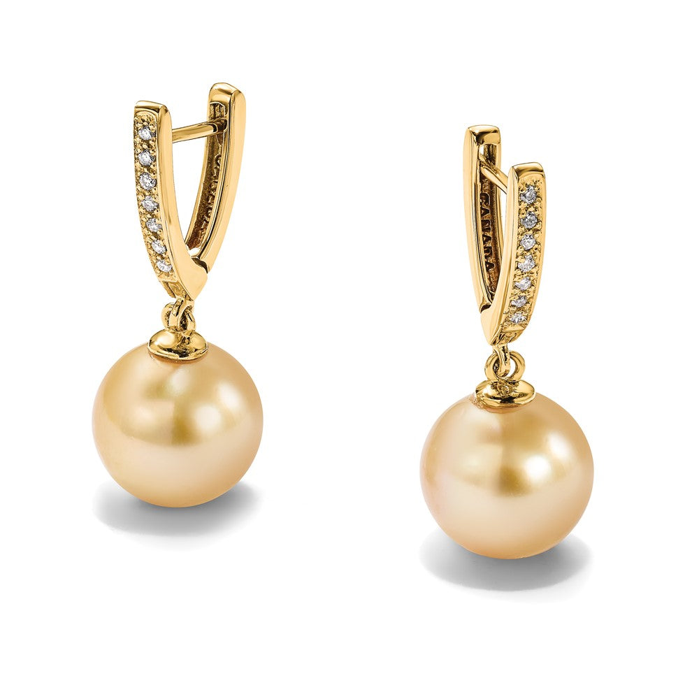 14K 10-11mm Round Golden Saltwater South Sea Pearl .105ct. Dia. Dangle Earr