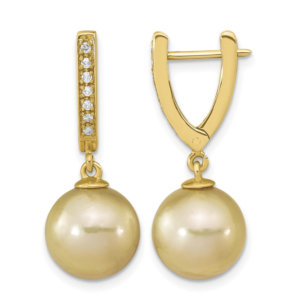 14K 10-11mm Round Golden Saltwater South Sea Pearl .105ct. Dia. Dangle Earr