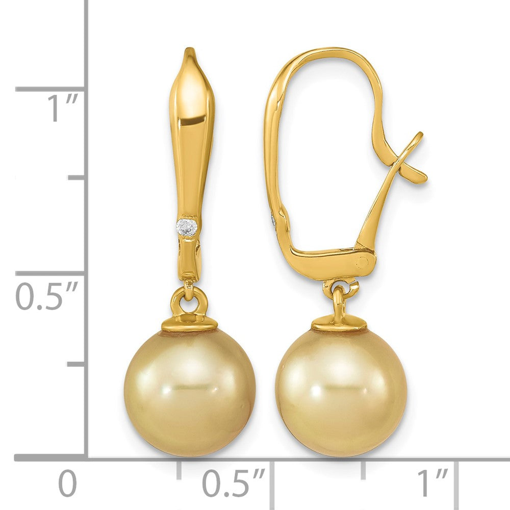 14K 9-10mm Round Golden Saltwater South Sea Pearl .02ct Dia. Earrings
