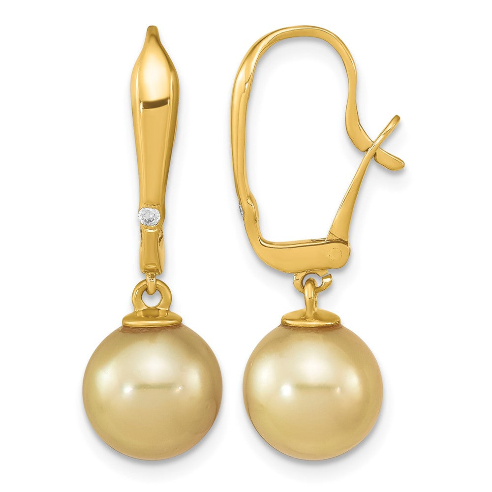14K 9-10mm Round Golden Saltwater South Sea Pearl .02ct Dia. Earrings