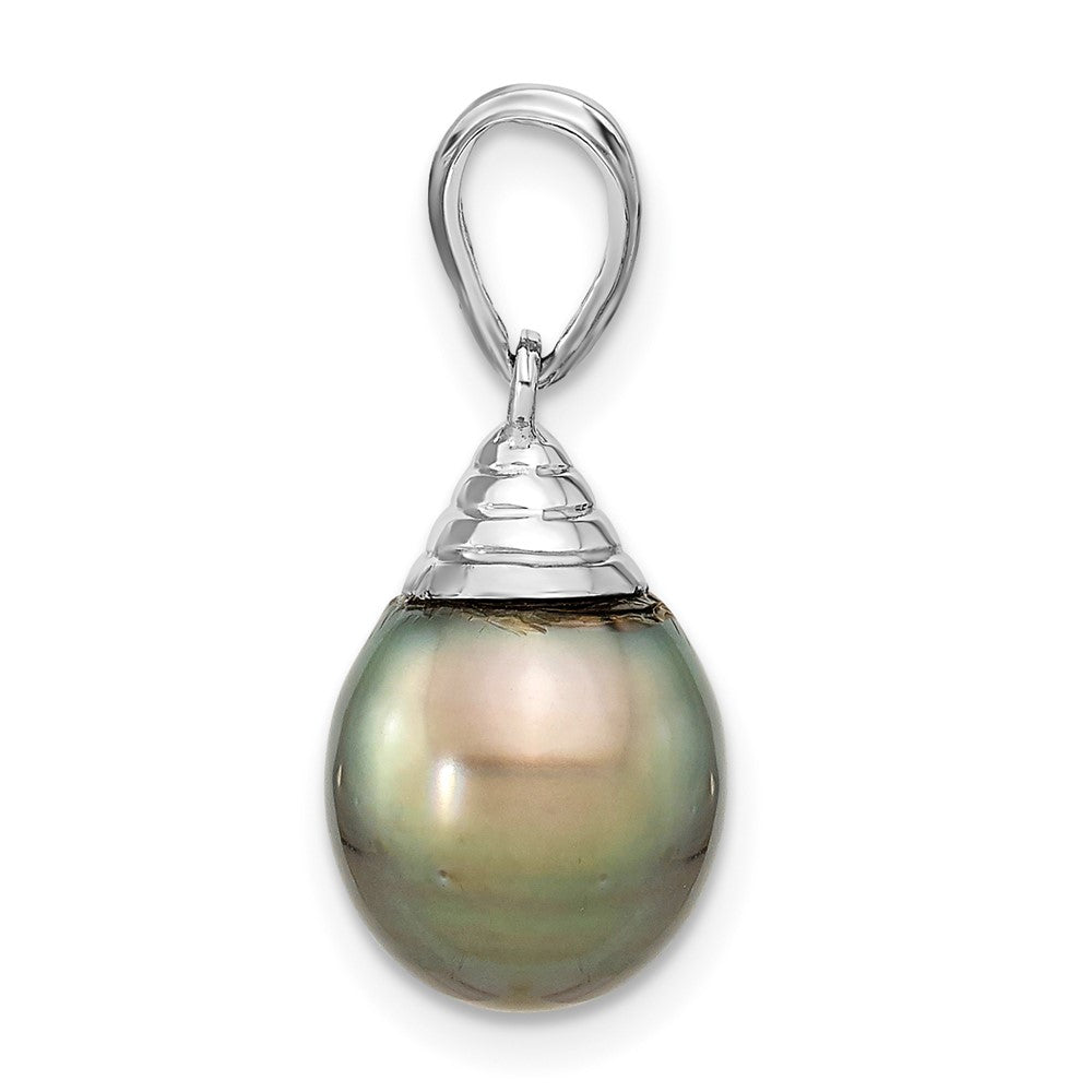 14K White Gold 9-10mm Teardrop Black Saltwater Tahitian Pearl Pendant