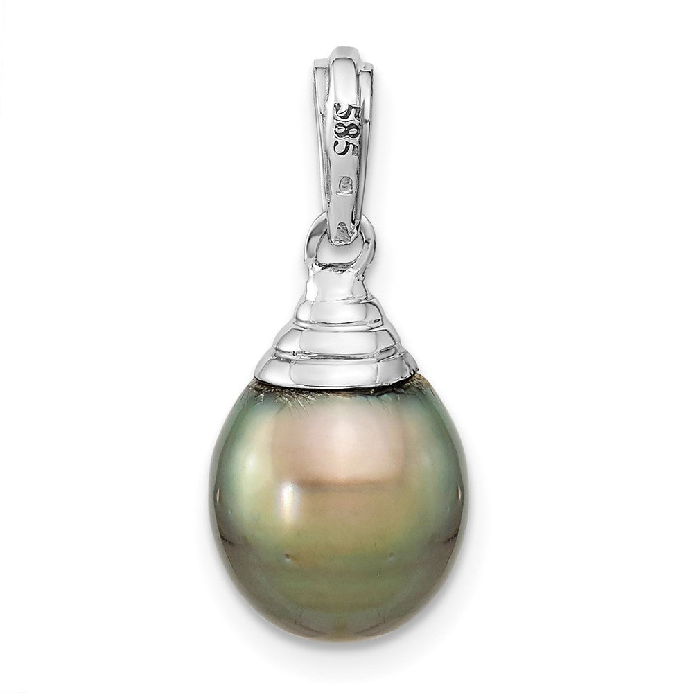 14K White Gold 9-10mm Teardrop Black Saltwater Tahitian Pearl Pendant