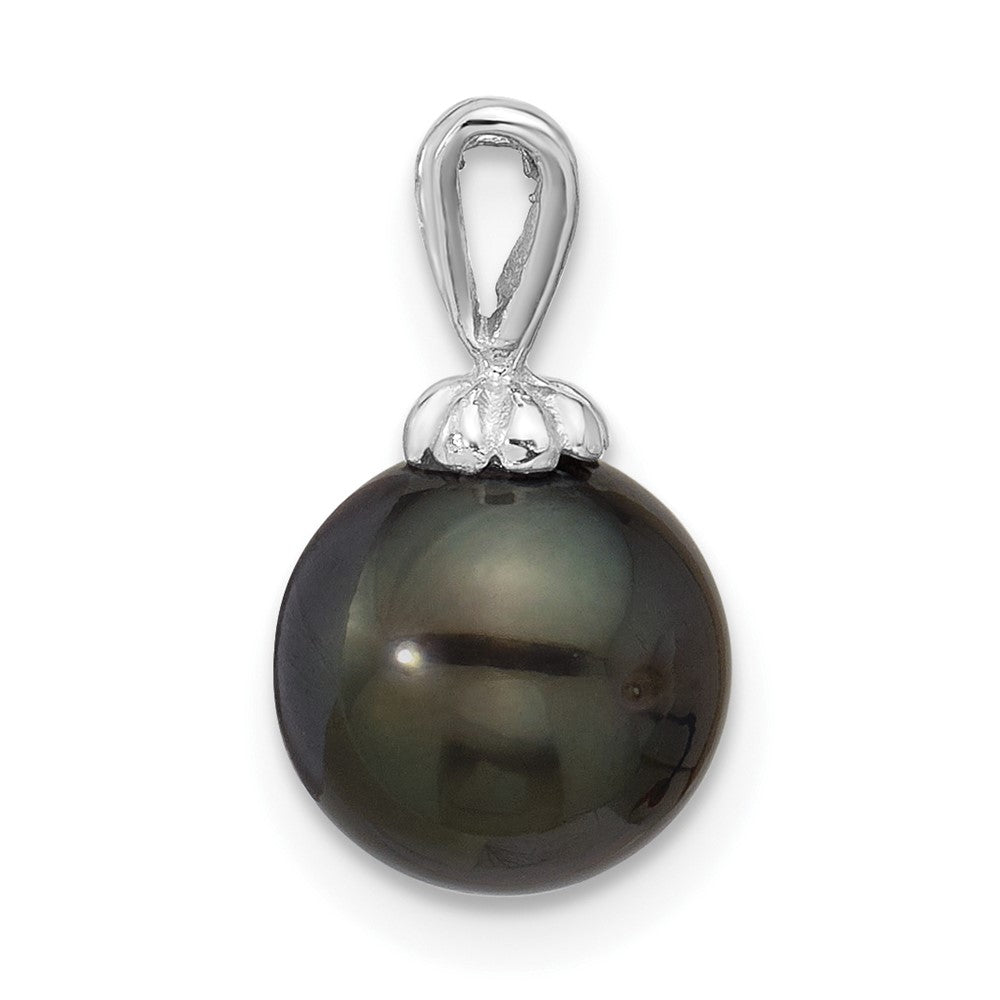 14K White Gold 8-9mm Round Black Saltwater Tahitian Pearl Pendant