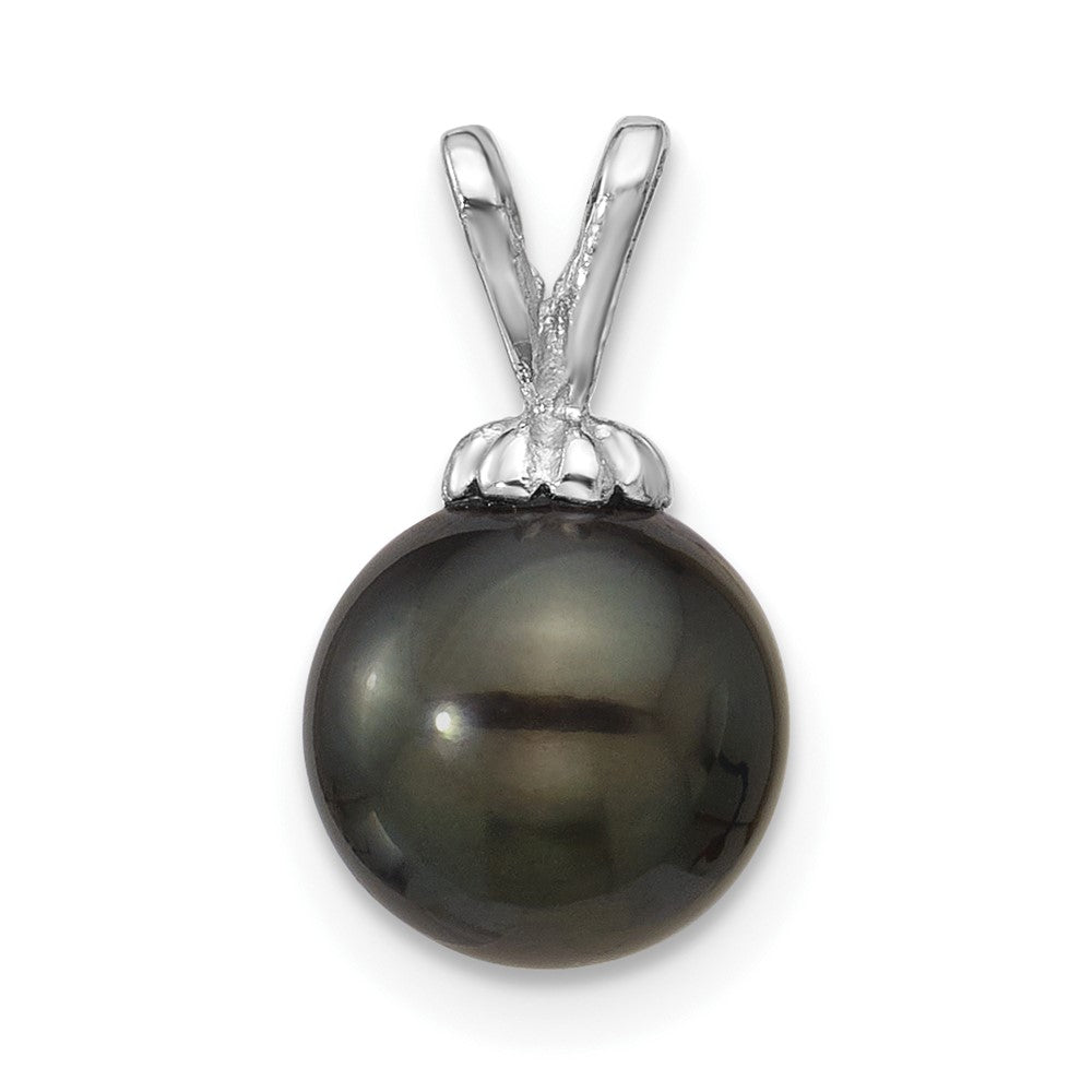 14K White Gold 8-9mm Round Black Saltwater Tahitian Pearl Pendant